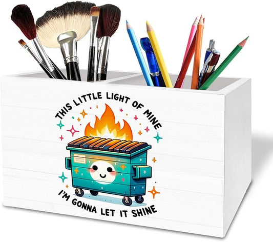 Funny Dumpster Fire Pen Holder for Desk, This Little Light of Mine Dumpster Fire Wooden Box Sign Desk Decor for Office Decoration, Humorous Pencil Organizer, Funny Coworker Gifts