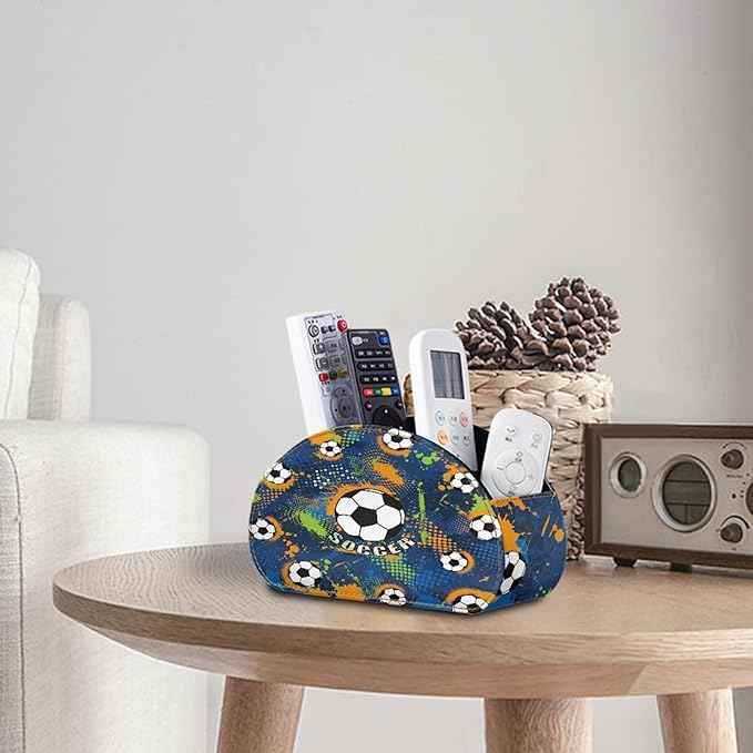 FUSURIRE Soccer Print Tv Remote Controllers Holders for Desk Bed Couch Sofa, PU Leather Desk Storage Box Multi-functional Pencil Holder,Trendy Design Home&Office Accessories