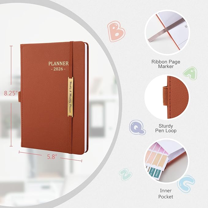 Tiankool Planner 2026, Jan 2026 - Dec 2026 Weekly Monthly Planner with Stickers, Elastic Closure, Inner Pocket, Round Corner, 5.8" x 8.25" - Brown