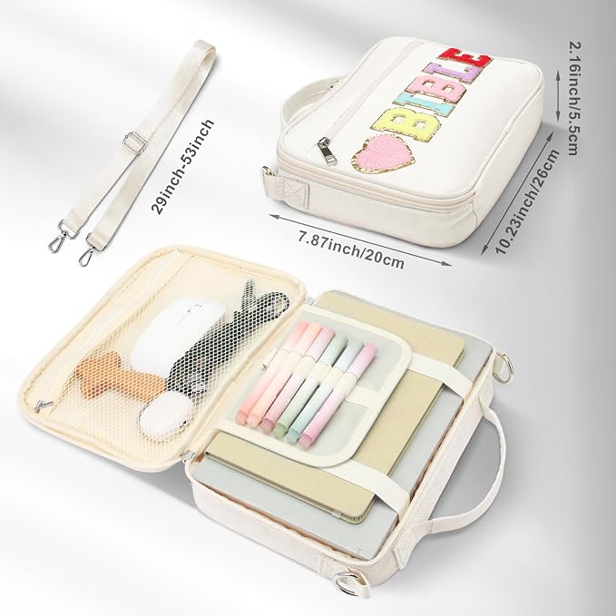 Silkfly White Bible Cover Case Preppy Large Chenille Letter Church Bag with Shoulder Strap Handle Back to School Gifts Waterproof Christian Tote Bag for Women Teacher Bible Accessories