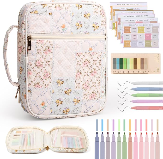 Bible Cover Case for Women Large Quilted Bible Carrying Bag with Handles Bible Study Supplies & Accessories Christian Gifts for Women(Spliced Flower, M)