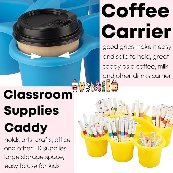 4 Pack Classroom Caddy Organizer with Handle, Plastic Drink Cup Caddy Holder, 6 Compartments for Kids, Table, Office, Arts, Crafts, Crayon, Marker, Pencil, School Supplies - 4 Colors