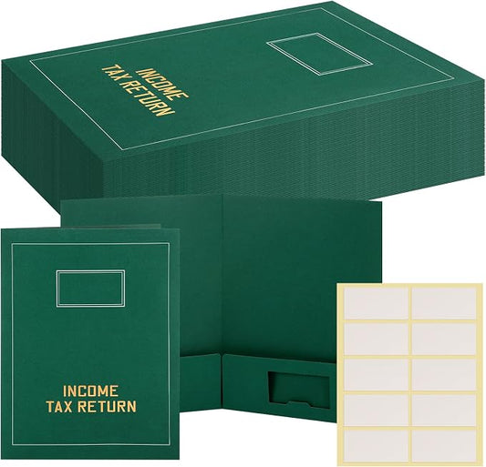 Kisston 25 Pcs Tax Return Folders Bulk 2 Pocket Gold Foil Stamped Income Tax Folders with Blank Labels Business File Office Organizer (Green)