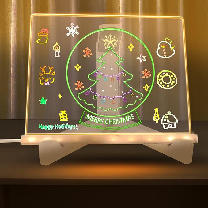 Clear LED Acrylic Dry Erase Board with Light & Stand,7 Color Pens, Light Up Drawing Message Board for Writing Doodle Memo,Desktop Night Light for Home Office School Bar Cafe,Holiday Gift.7.9x7.9in