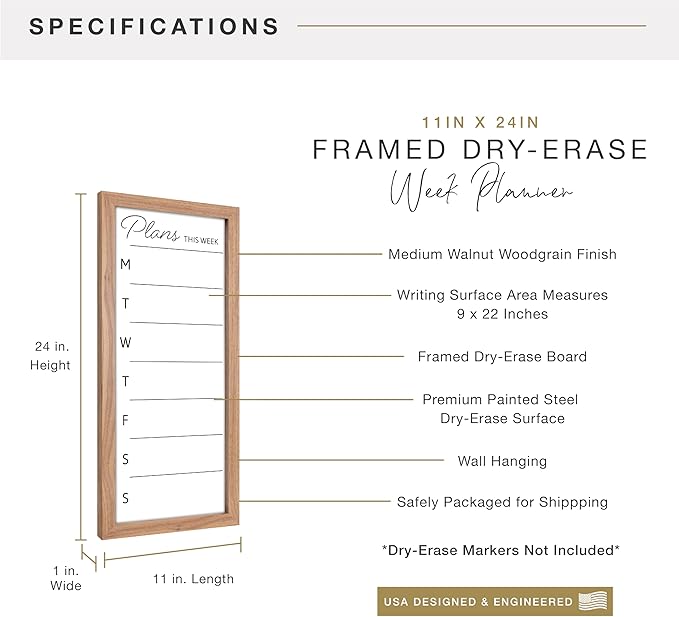 MCS Dry Erase Weekly Planner 11x24 Walnut Framed Calander Whiteboard for Wall, Plan Your Week with Family Weekly Planner for Dinners, Sports, Events & More
