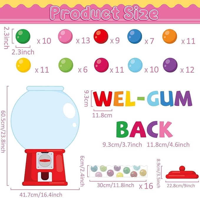 Colorful Bubble Gumball Bulletin Board Classroom Decorations Welcome Back to School Bulletin Board Gumball Machine WEL-Gum Candy Themed Classroom Motivational Cutouts for School Wall Decals Decor