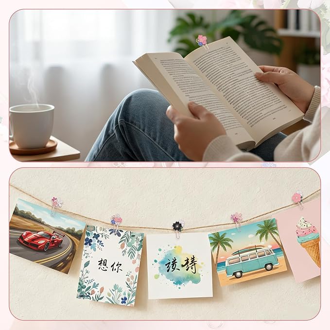 7Pcs Flower Paper Clips Cherry Blossom Clip, Decorative Fancy Paper Clips, Flowers Paper-Clips Bookmarks Cute Metal Paperclip Bookmark for Teacher Office Desk Stationery Accessories