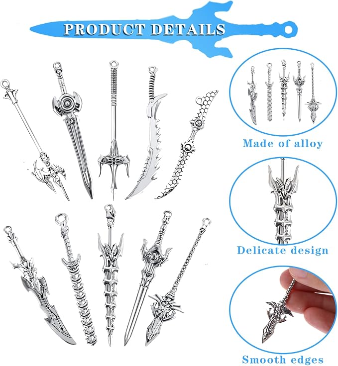 Gjinxi 20Pcs Antique Swords Knife Bookmark, Silver Sword Knife Charms Pendants Bookmarks, Ancient Metal Vintage Sword Knife Charms Accessory for Book Lovers Reading Presents DIY Craft Supplies