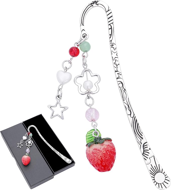 Unique Strawberry Bookmark Gift - Charm Pink Aesthetic Page Mark Cute Silver Chain Pendant Tassel Metal Bookmarks Reading Women Girl Friends Book Club Reader Birthday Valentines Retirement