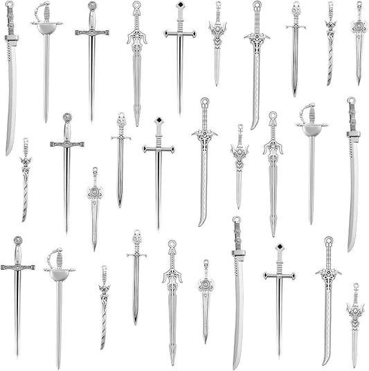 30 Pieces Antique Swords Knife Bookmark Sword Charms Pendants Bookmarks for Book Lovers Presents Reading Crafting DIY (Anti Silver)