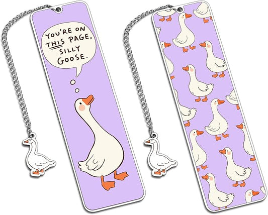 Cute Book Marks for Reading Women Girls Readers Teen Girl Gifts Trendy Stuff Cute Bookmarks Purple Stuff Book Lovers Gifts for Women Readers Reading Tracking Accessories 2-Side Silly Bookmark Goose