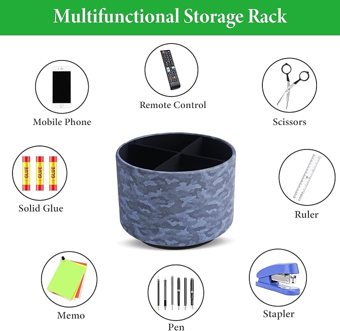 Round Leather Art Supply Organizer,Remote Control Holder,360 Degree Rotating,Multi-Functional Pencil Holder,4 Compartments Desktop Stationary Organizer(1-Camouflage Blue)
