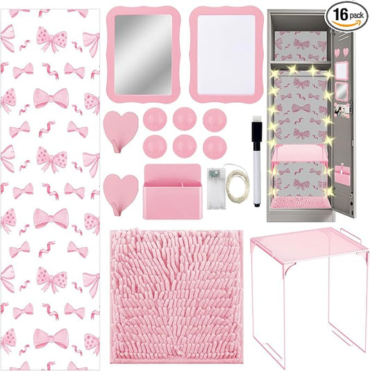 16 Pcs Locker Accessories Kit Pink Locker Organizer Decorations Include Bow Wallpaper String Light Magnetic Whiteboard Mirror Storage Cup Marker Rug Organizing Shelf for Back to School Supply