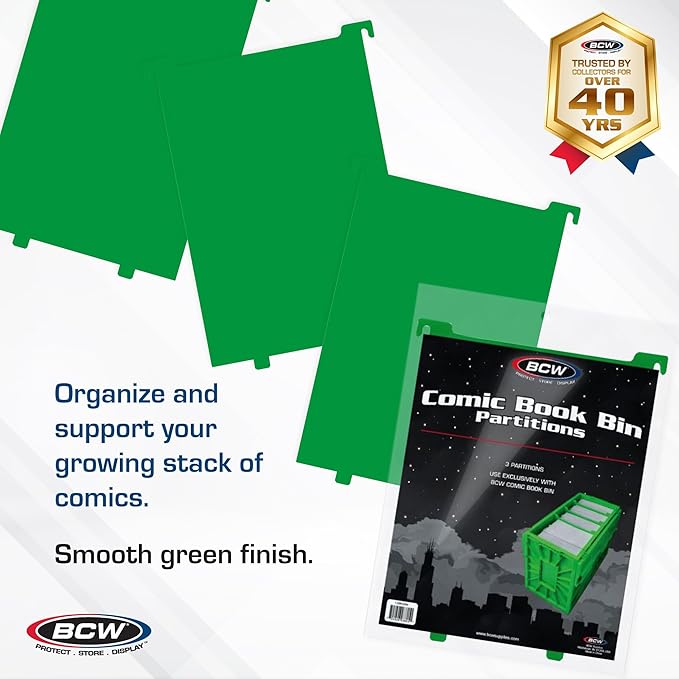 BCW Comic Bin Partitions | Exclusive Organizer for Short and Long Comic Book Bins | Notched, Tabbed, and Structurally Supportive Dividers (Green, 3 Pack)