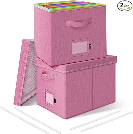 File Organizer Boxes with Lid, Linen Hanging File Storage Boxes with Handle, Collapsible Document Filling Boxes for Letter/Legal Folder, Portable File Box for Office/Decor/Home (2 Pack, Pink)