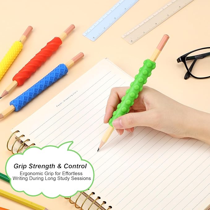 Affrolling 4 Pack Textured Silicone Pencil Sleeves Set Sensory Fidget Grips with 4 Pencil, Quiet Classroom Fidget Toys for Autism Calming, Adhd Tool, Anxiety Relief, Quiet Tool Gift for Adults & Teens