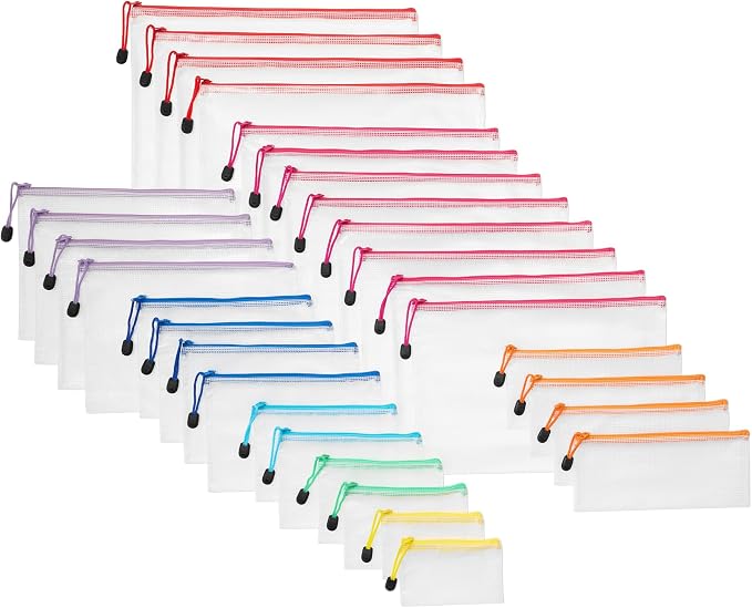 Amazon Basics 30-Pack Mesh Zipper Pouch Bags, 8 Sizes Assorted Colors Storage Organizers, Multipurpose Clear Travel Document Bags for Office Home School Organization
