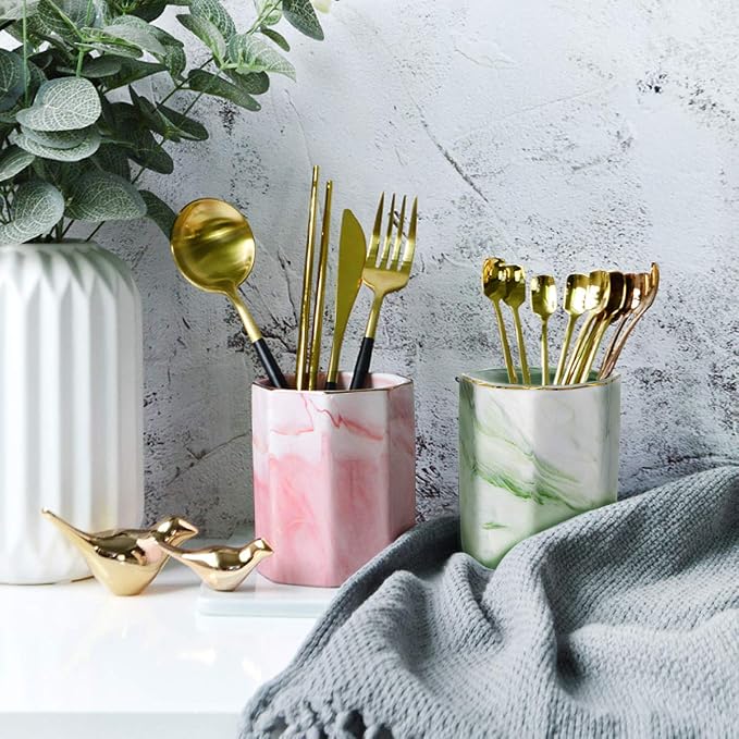 Pencil Holder, Pencil Cup for Desk, Makeup Brush Holder Cup, Cute Pencil Stand Marble Decorative for Kids Durable Ceramic Desk Organizer for Office, Classroom, Home, Green Marble