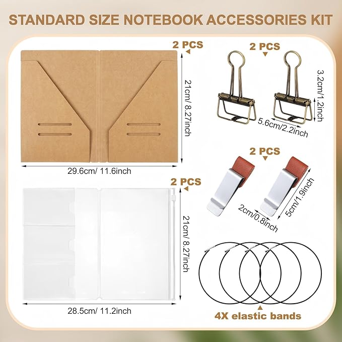 Travelers Journal Notebook Accessories Kit Include Travel Kraft File Folder, Zipper Case, Pen Holder, Binder Clip and Elastic Bands Travel Accessories Supplies(2 Pack,A5 Size)