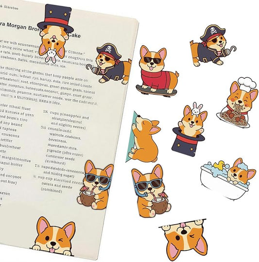 Corgi Peeking Magnetic Bookmarks Set of 8, Cute Dog Bookmark Clips with Funny Costume Designs, Magnetic Book Marks for Books, Planner & Journals, Gifts for Dog Lovers Women, Corgi Gifts
