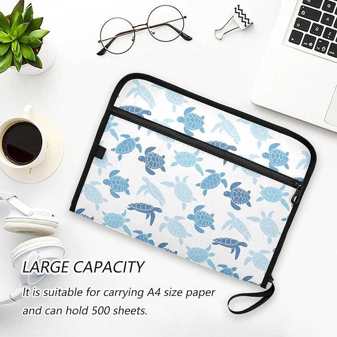 Blue Cute Turtle File Folders, Plastic Folders with 13 Pockets, Expandable File Folder for Documents School Students Office, Aesthetic Folder with Labels A4 Letter Size
