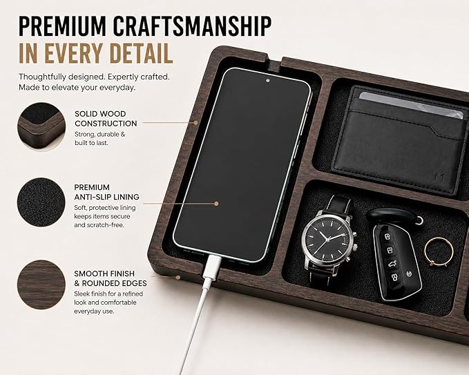 Desk Organizer Tray for Men with Ceramic Pen Holder, Wooden Valet Tray, Minimalist EDC Desk Organizer for Phone, Wallet, & Keys, Nightstand Bedside, Entryway, Birthday Gift for Men, Dad, Husband