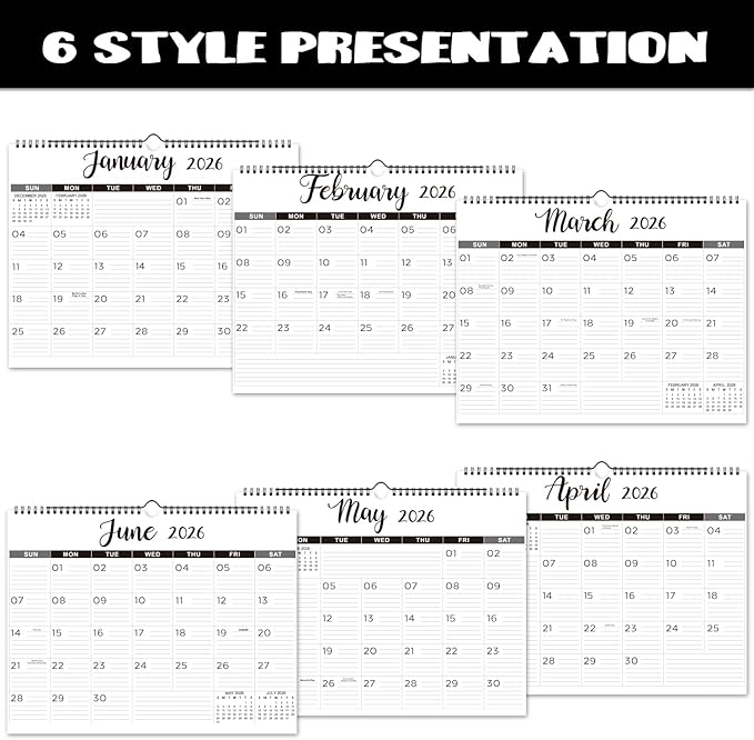 2026 Wall Calendar - 2026 Calendar with Thick Paper, 15" x 11.5", Jan.2026 - Dec.2026, Twin-Wire Binding + Hanging Hook + Ruled Blocks with Julian Date - Classic Black