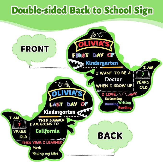 First and Last Day of School Board Reusable, Back to School Chalkboard Sign, Double Sided Preschool Kindergarten Signs for Kids Girls Boys (Cute Dinosaur)