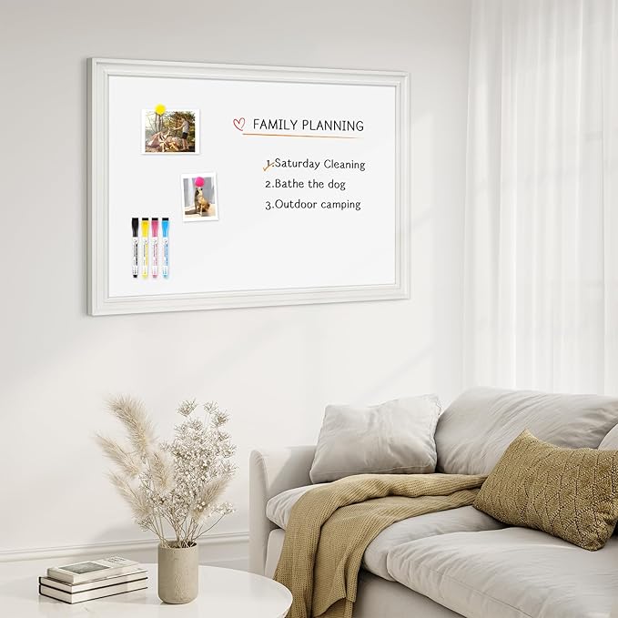 4 THOUGHT Dry Erase Board, 36 x 24 in Magnetic Whiteboard Wood Frame Wall-Mounted White Board Decorative Planner Notice Board for School, Office, Home, 8 Magnets 4 Markers 1 Eraser, White