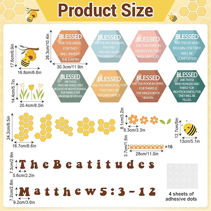 QOUBAI Christian Bulletin Board Decoration The Beatitudes Matthew 5:3-12 Classroom Decoration Motivational Bible Verse Poster Paper Cutouts for Back to School Sunday School Church Parish Decor（Groovy）