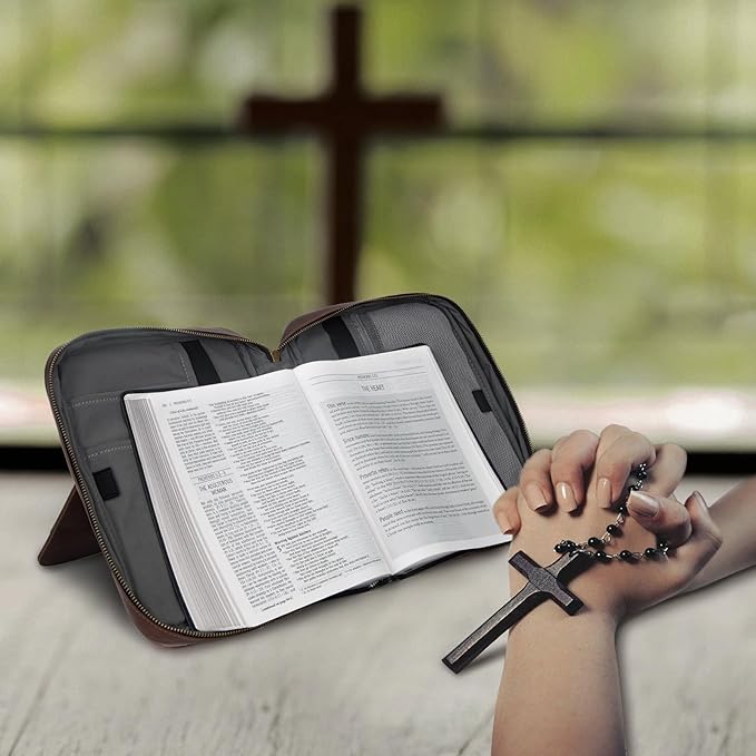 Bible Covers for Men & Women, Bible Case Carrying Church Bag with Book Stand, Bible Bag with Handle, Zipper and Multi-Pockets for Scripture Study Bible Protector