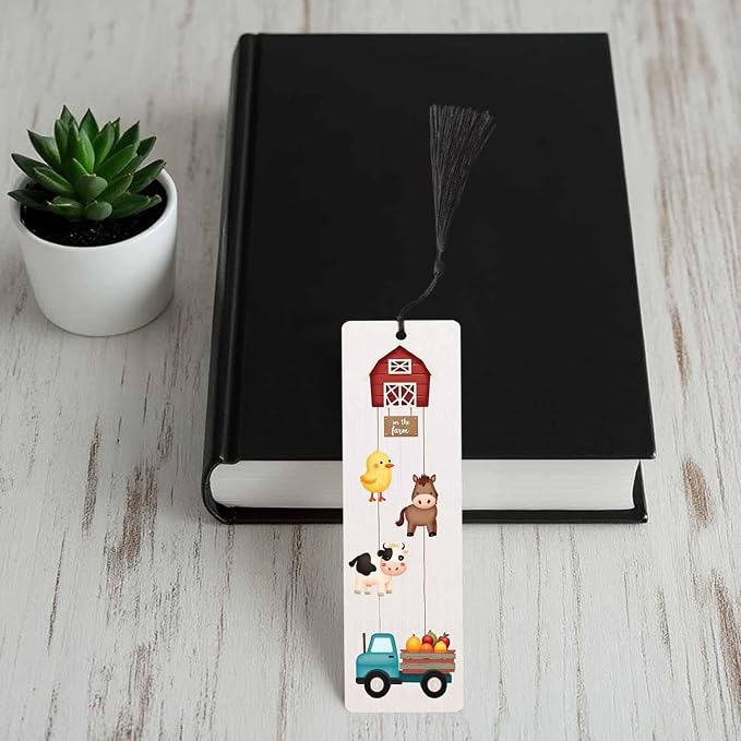 Farm Animal 5 Pcs Bookmarks Chicken Cow Horse Fruit Truck Wooden Bookmarks with Tassel for Students Reader Teachers Book Lovers