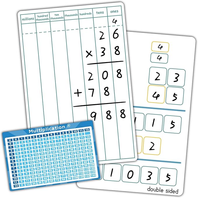 Dry Erase Long Multiplication Practice White Board, 8" x 12" Double Sided 2-Digits Math Learning with a 4" x 2.5" Multiplication Chart Board for Kids Students, Classroom and Home, Math Center