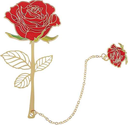 Bewudy Red Rose Bookmark with Flower Pendant, Metal Book Page Holder for Reading Lovers, Unique Gifts BookMarkers for Women, Her, Mom, Librarian, Teacher Book Lovers
