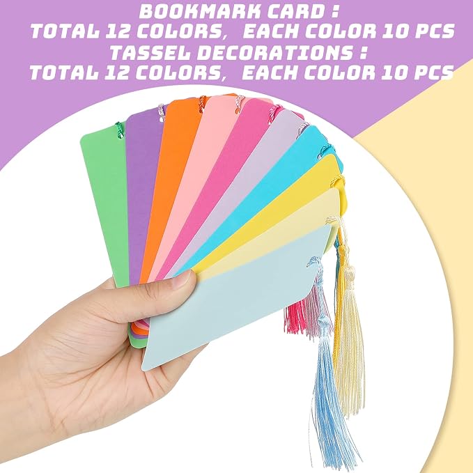 Sinmoe 120 Pcs Blank Paper Bookmarks Cardstock Colorful Tassels Craft DIY Bookmarks Bulk for Classroom Projects Gifts Tags Crafts 1.89 x 5.51 Inch (Solid Color)