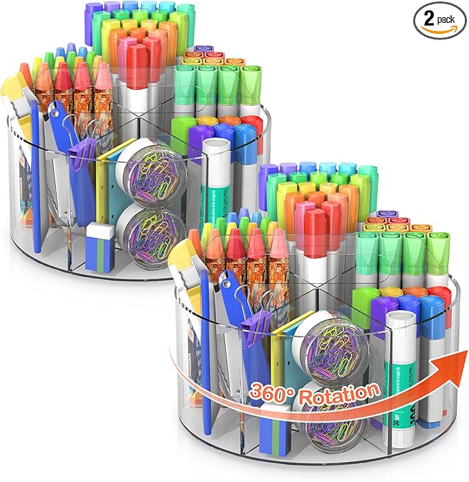 Mefirt Acrylic Pen Holder, 2 Pack 360 Rotating Organizer With 6 Compartments, Desk Office Storage for 800 Pens, Markers, Crayons and Art Supplies
