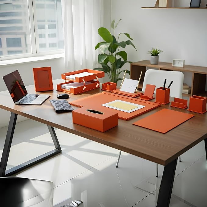 Luxury Executive Leather Desk Organizer Set –15-Piece Office Desk Accessories with Desk Pad, Letter Tray, Phone Stand, Pen Holder & Coasters – Professional Office Desk Decor & Gift (Orange)