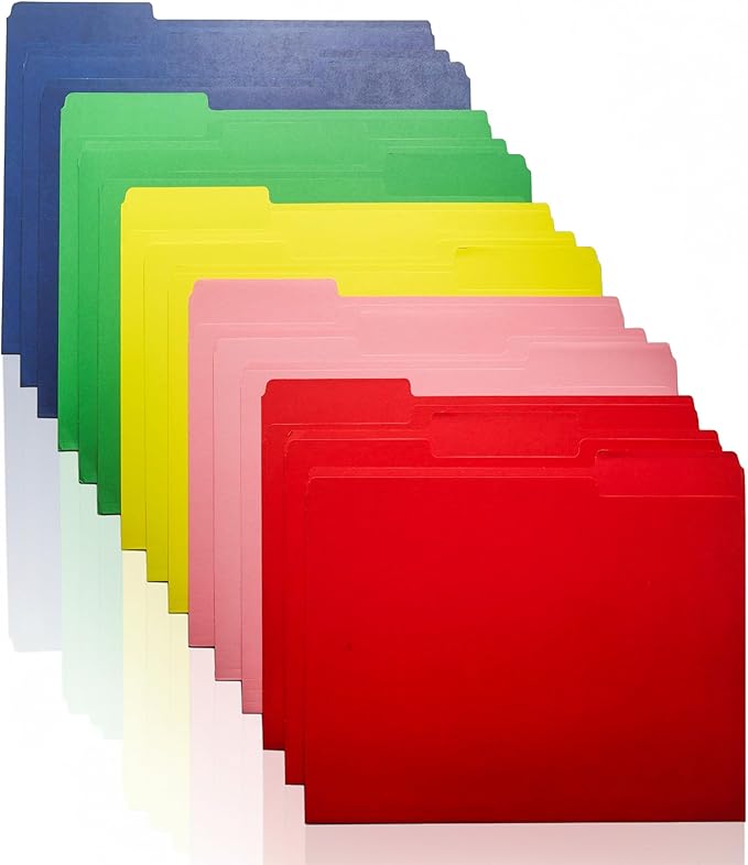 Colored File Folders 15-Pack – 5 Assorted Colors – Letter Size, 1/3-Cut Tabs – Paper Folders - Bright Set: Red, Green, Yellow, Pink, Blue (Bright Set)