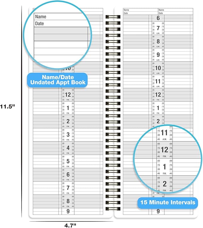 Salon Appointment Book - 11.5" x 4.7", 2 Columns, Undated, 6 AM - 9 PM, Professional Daily Planner, Twin-Wire Binding, 200 Pages, Hourly Planner for Office, Home, or Hair Stylist