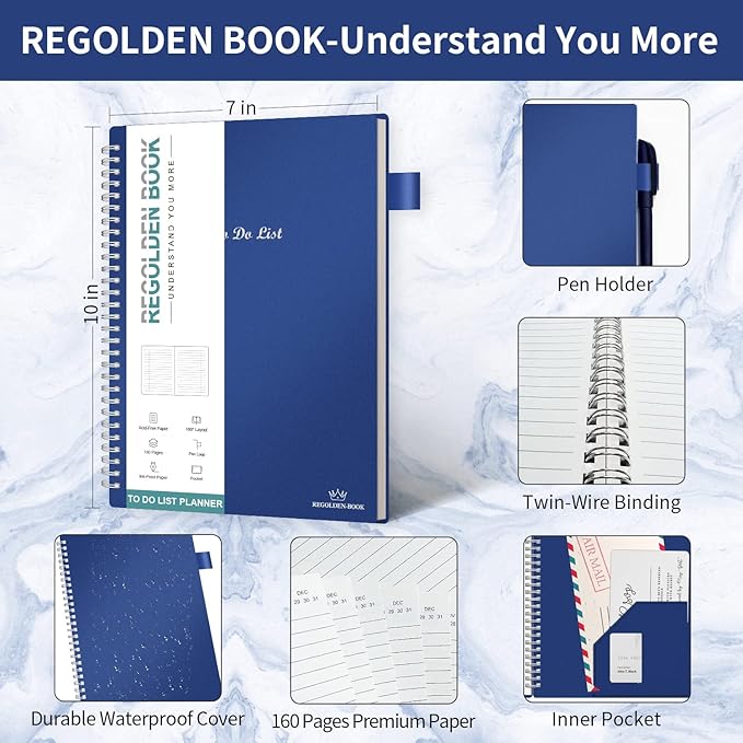Regolden-Book To Do List Notebook, Daily Planner for Work, Project Tasks & Personal Organizer, Checklist Man/Women, Pocket, Pen Loop, 160 Pages (7"x10")