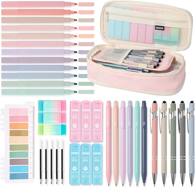 39PCS Aesthetic School Supplies with Cute Pencil Case, 5X Ballpoint Pens with Stylus Tip, 12X Pastel Highlighters, 6X Mechanical Pencil Set 0.5 & 0.7mm, Suit for Preppy School College Essentials(pink)