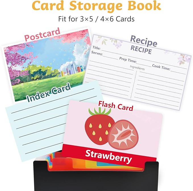 4x6 Inch Index Card Holder Box Organizer Storage Case 3x5 Inch Flash Note Card File Box with 13 Expandable Pockets and Label Stickers Large Capacity Recipe Coupon Organizer Book Sticker Album