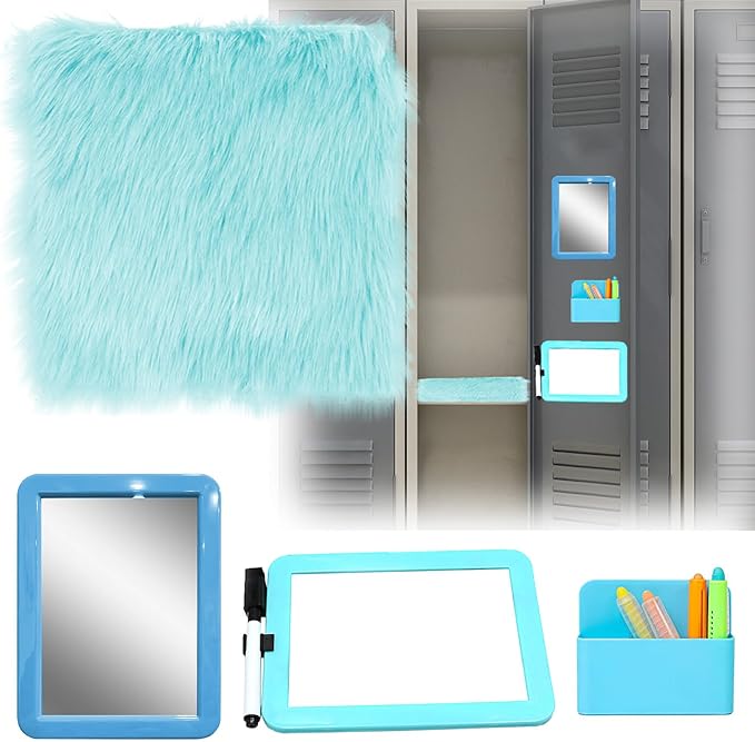 S-SNAIL-OO Locker Accessories Kit, Magnetic 57" Mirror Whiteboard With Marker & 12" Mini Rug, Blue Organizer for Girls School Office Gym Accessories Coat Lockers
