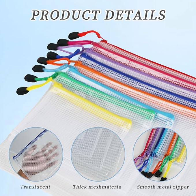MultiBey 16 Pack Mesh Zipper Bags in 8 Sizes, Clear Waterproof Organizer Pouches with Colored Pulls for Puzzles, Diamond Painting, Travel & Office and School Supplies