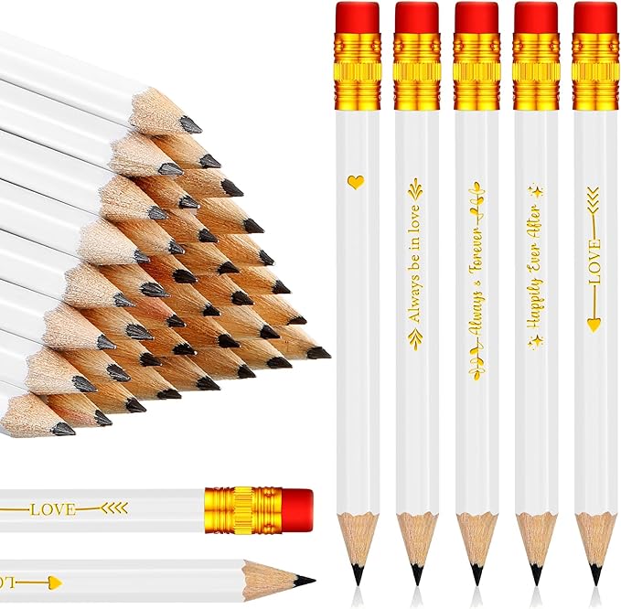 Crtiin 50 Pcs Bridal Shower Pencils Half Golf Wedding Pencils with Eraser 4 Inch Short Pocket Pre Sharpened for Wedding Game Bridal Shower Presents Classroom School(White)