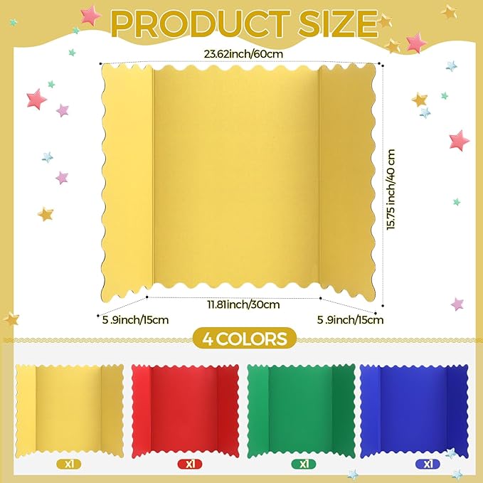 Mooliwe 4 Pack 24" x 16" Trifold Poster Board Neon Colors Corrugated Scalloped 3 Fold Small Display Boards Foldable Business Paper Board for Presentation Science Fairs Event School Projects