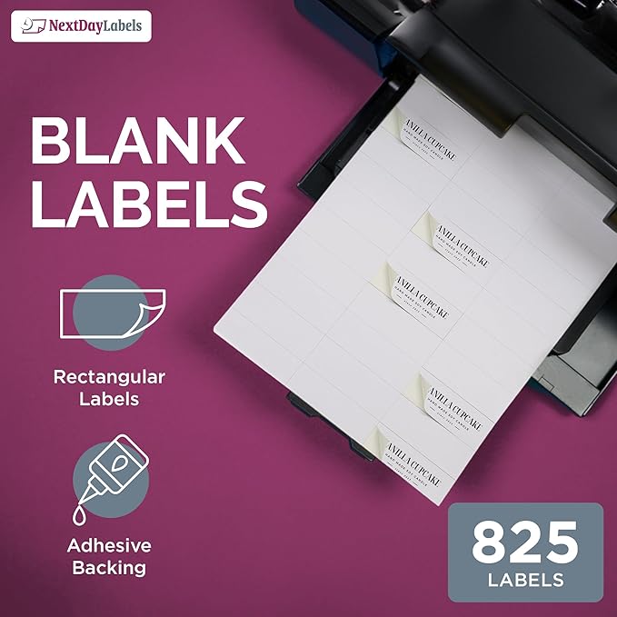 NextDayLabels 2.83x1 Inch Rectangle Stickers White Blank Labels for Laser Inkjet Printer - 33 Per Sheet Self-Adhesive Address Mailing Barcode Made in USA - 825 Labels