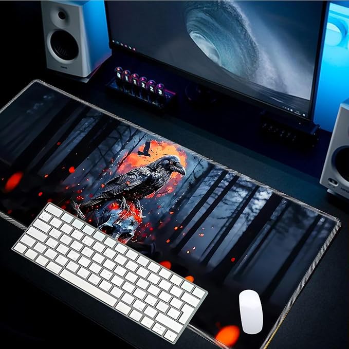 Mouse Pad Gaming Mousepad 31.5x11.8 Inch XXL Large + Coasters,Desk Mat with Stitched Edges, Non-Slip Rubber Base, Thick Mouse Pad for Computer, Laptop, Office & Home - Crow Skull