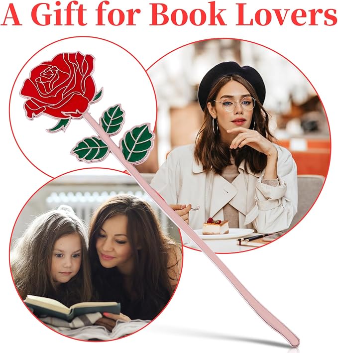 simarro Metal Rose Bookmark, Flower Book Page Holder for Reading Lovers, Cute Bookmarks Gift for Teacher Appreciation Gifts Valentine Mother's Day Thanksgiving Gift for Women Girls(Red)