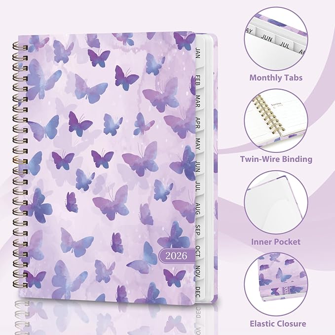 2026 Planner, Weekly and Monthly Calendar Planner, Academic Daily Agenda (Jan 2026 - Dec 2026), Hardcover Planning Notebook for Office Accessories and School Supplies, Purple Butterflies